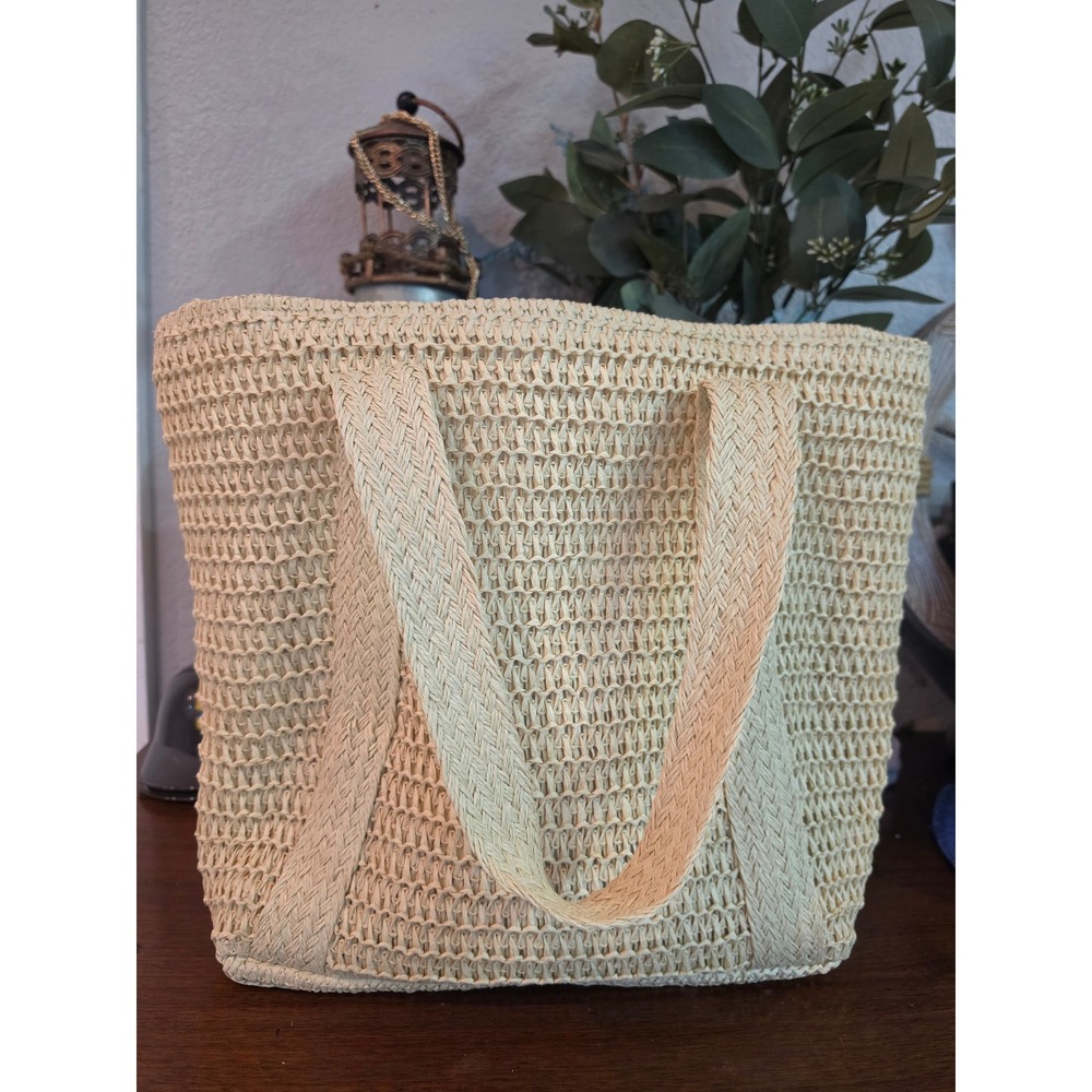 Marks & Graham Woven Straw Tote Bag Cream Beach Shoulder Bag Zipper Closure